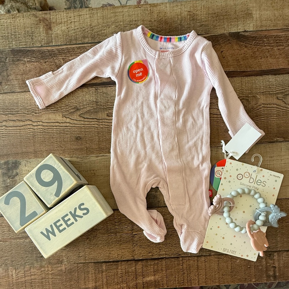 NWT Pink newborn onesie, silicone play ring and block set!